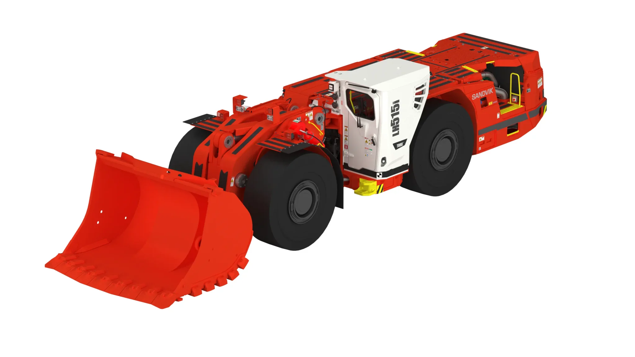 Promotional slide for Sandvik Rental and Used Equipment, showing a collage of multiple yellow underground mining machines and drill rigs arranged in a clean, modern layout. The image highlights different types of heavy-duty mining equipment used for drilling, loading, and hauling in underground operations.