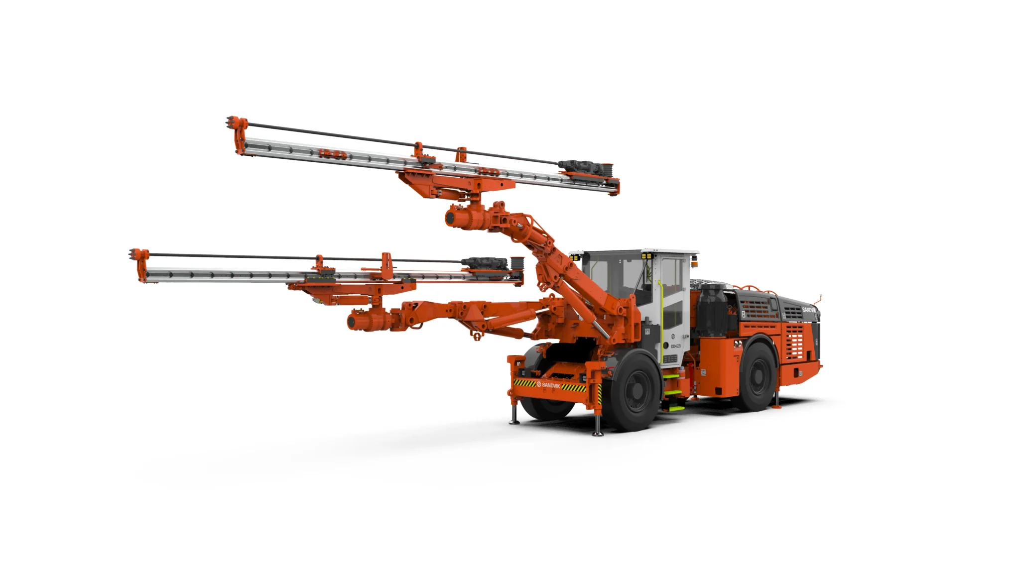 Promotional banner image for Sandvik Rental & Used Equipment, showing a collage of multiple yellow underground mining machines such as loaders, drill rigs, and haul trucks, presented in a clean, industrial-style layout to highlight the available rental fleet.