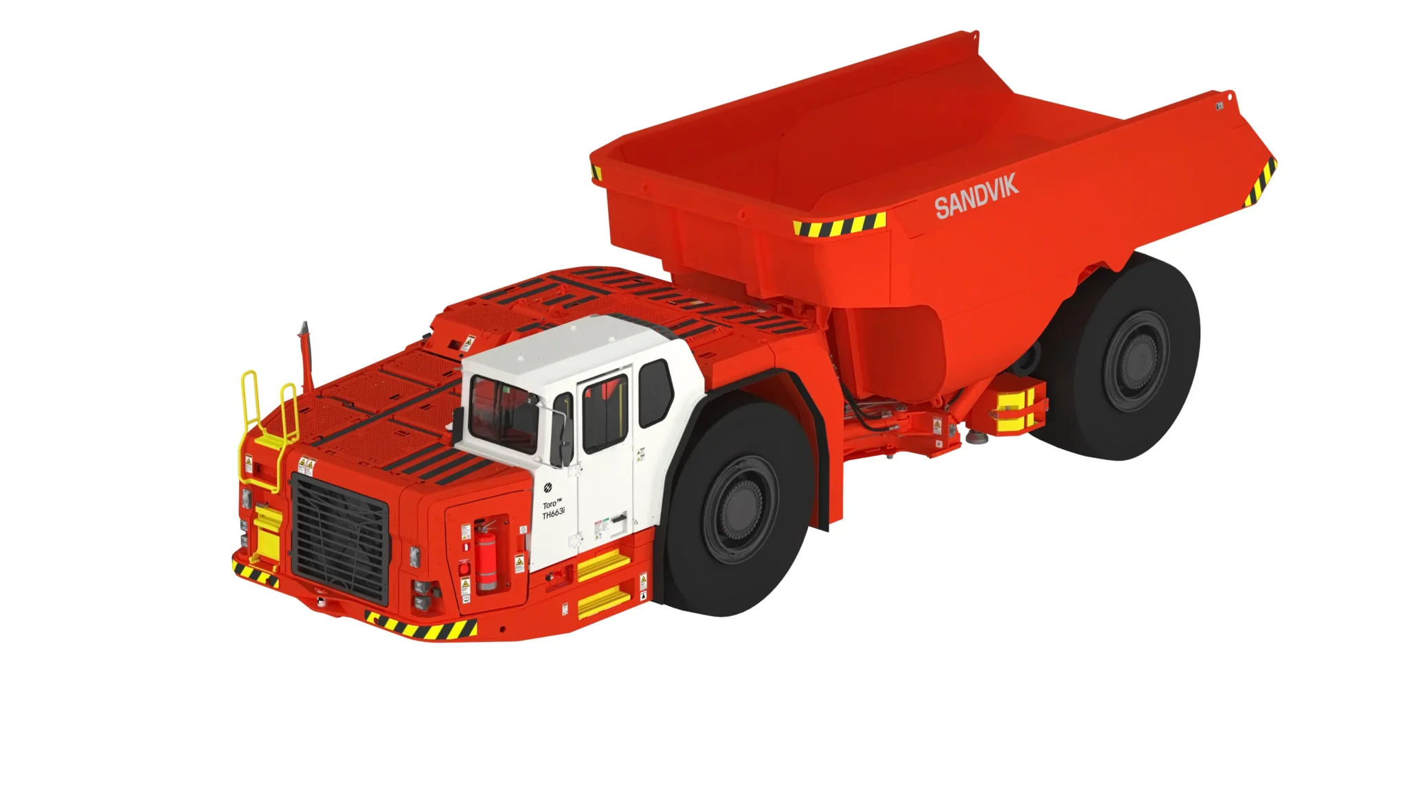 Promotional slide for Sandvik Rental and Used Equipment, showing a collage of multiple yellow underground mining machines and drill rigs arranged in a clean, modern layout. The image highlights different types of heavy-duty mining equipment used for drilling, loading, and hauling in underground operations.
